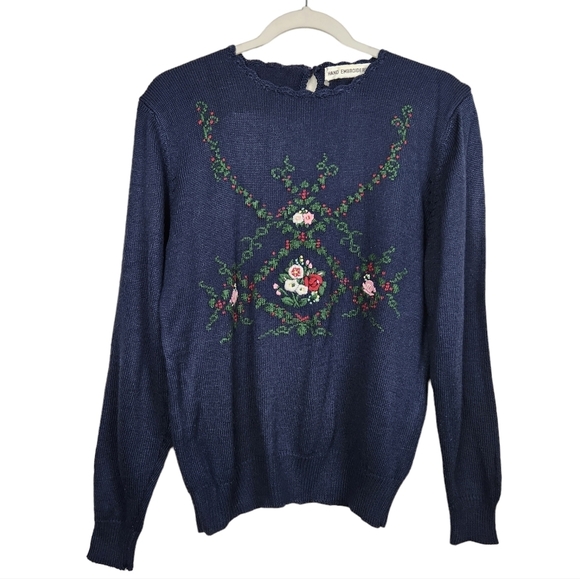 Vintage Hand Embroidered Floral Navy Blue Ribbed Knit Sweater Women's Small - Picture 1 of 5